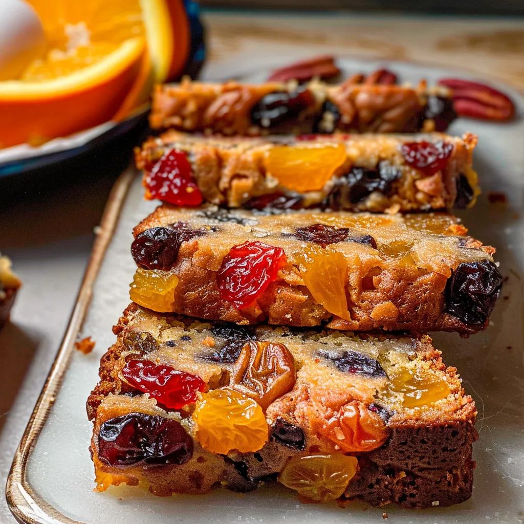 Delicious slices of fruitcake, showing the texture and vibrant colors of the candied fruit and nuts.