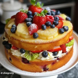 Delicious two-layered sponge cake topped with whipped cream and fresh berries and kiwi.
