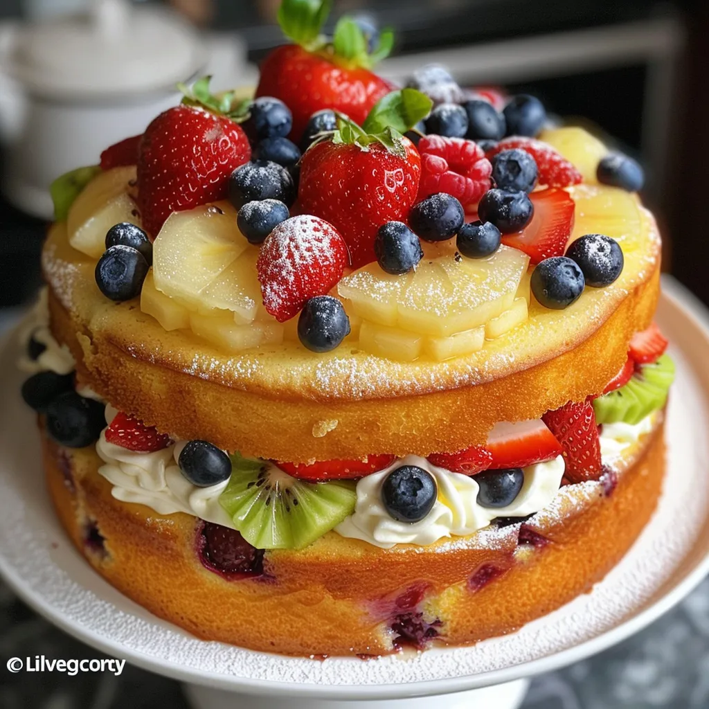 Delicious two-layered sponge cake topped with whipped cream and fresh berries and kiwi.