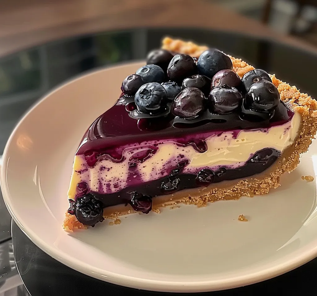 Slice of blueberry cheesecake with a graham cracker crust.