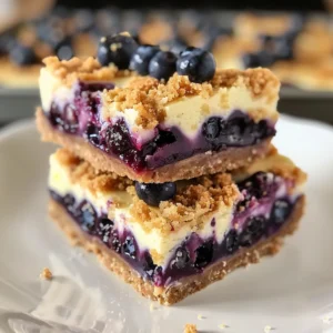 Two delicious blueberry cheesecake bars topped with a crumble crust, stacked on top of each other.