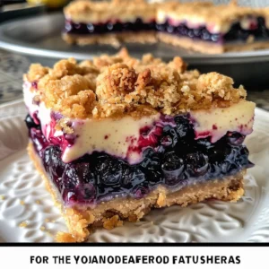 A delicious slice of blueberry crisp cheesecake bars on a plate, with more bars in the background.
