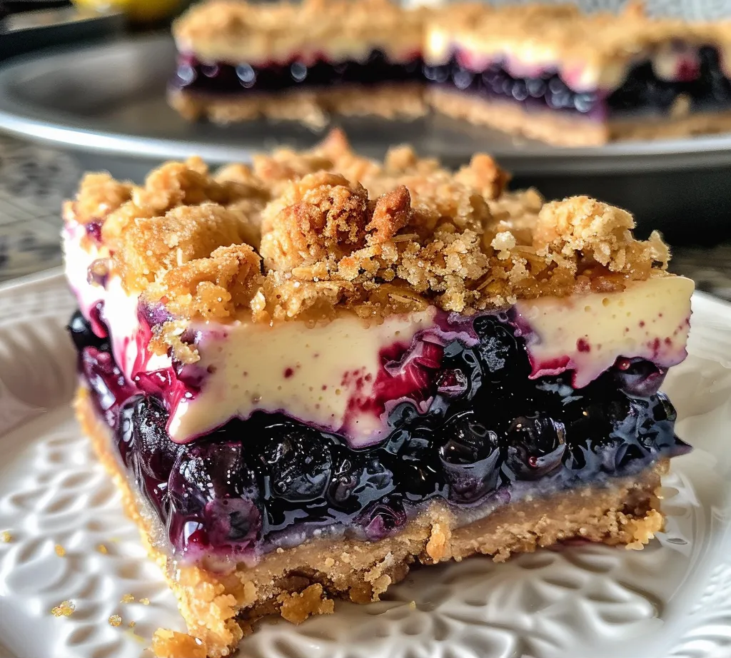 A delicious slice of blueberry crisp cheesecake bars on a plate, with more bars in the background.
