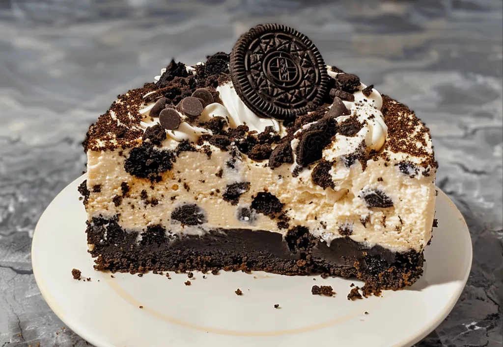 A delicious slice and whole Oreo cheesecake, topped with whipped cream and Oreo cookie crumbs.